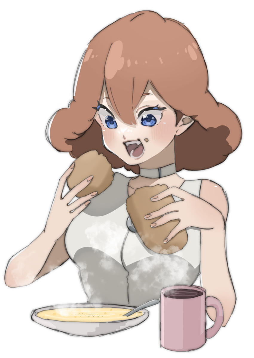 1girl aoe_(jump) blue_eyes bowl bread choker coffee coffee_mug cup eating fang food food_on_face gundam gundam_suisei_no_majo hair_between_eyes highres holding holding_food medium_hair mug open_mouth orange_hair shirt sophie_pulone soup spoon white_choker white_shirt