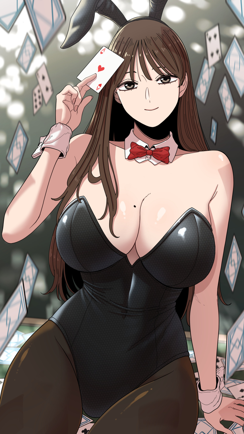 1girl absurdres ace_of_hearts animal_ears bare_shoulders beautiful_gunbari black_leotard breasts brown_eyes brown_hair brown_pantyhose card copyright_request detached_collar fake_animal_ears gwanak heart highres holding holding_card jung_su-a large_breasts leotard making-of_available mole mole_on_breast pantyhose playboy_bunny playing_card rabbit_ears sitting smile solo strapless strapless_leotard wrist_cuffs
