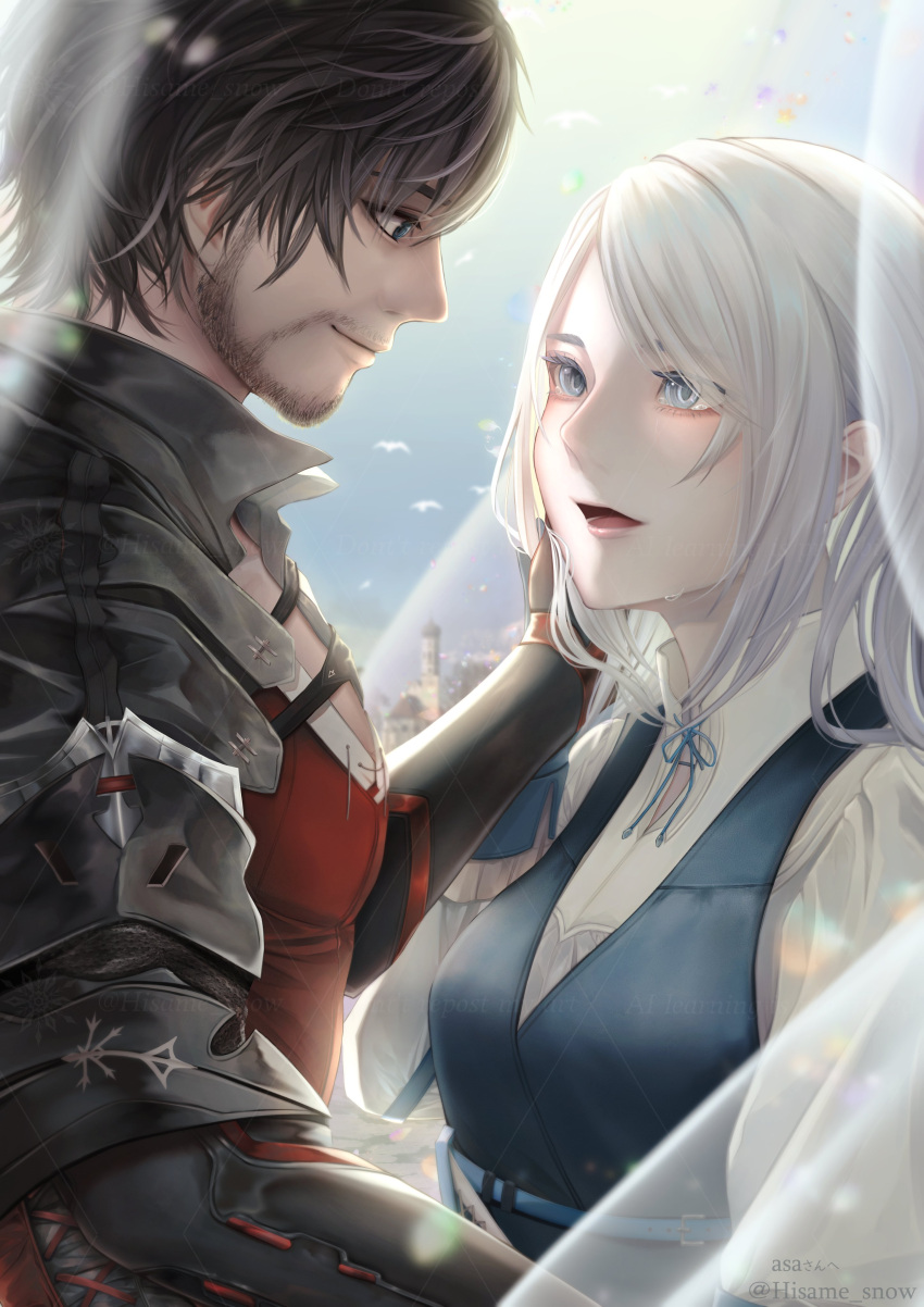 1boy 1girl absurdres armor beard_stubble black_armor black_hair chinstrap_beard clive_rosfield couple eye_contact final_fantasy final_fantasy_xvi grey_hair hand_on_another's_face highres hisame_snow jill_warrick leather_vest looking_at_another neck_ribbon open_mouth ribbon smile tears