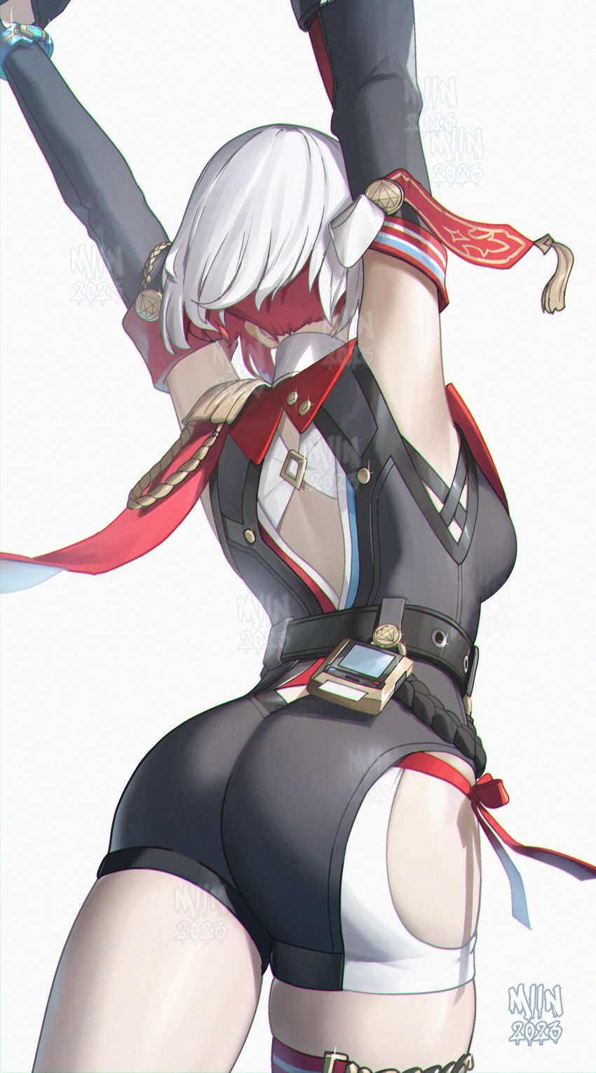 absurdres arms_up artofmiin ass back belt black_belt black_gloves black_sleeves collar colored_inner_hair detached_sleeves gloves gold highres honkai:_star_rail honkai_(series) huge_ass multicolored_hair red_hair ribbon signature simple_background stretching thick_thighs thigh_focus thigh_strap thighs topaz_(honkai:_star_rail) white_background white_hair