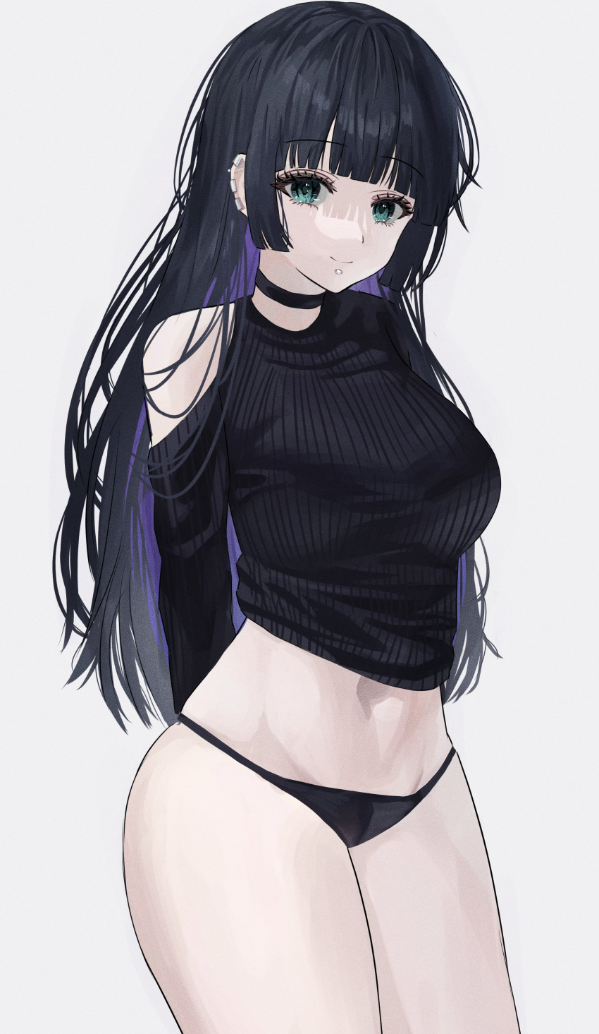 1girl absurdres aqua_eyes arms_behind_back bali_228 bare_shoulders black_choker black_hair black_panties black_sweater bocchi_the_rock! breasts chin_piercing choker colored_inner_hair cowboy_shot ear_piercing eyelashes highres hime_cut large_breasts multicolored_hair pa-san panties piercing purple_hair ribbed_sweater solo standing sweater two-tone_hair underwear
