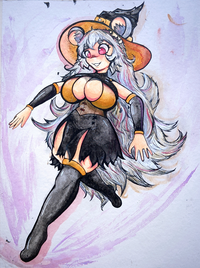 absurd_res animal_humanoid big_breasts boo_the_rat breasts clothing female grey_hair hair hat headgear headwear hi_res humanoid invalid_tag magic_user mammal murid murine painting_(artwork) rat rat_ears red_eyes rodent sheebibites tan_body traditional_media_(artwork) vtuber watercolor_(artwork) witch witch_costume witch_hat