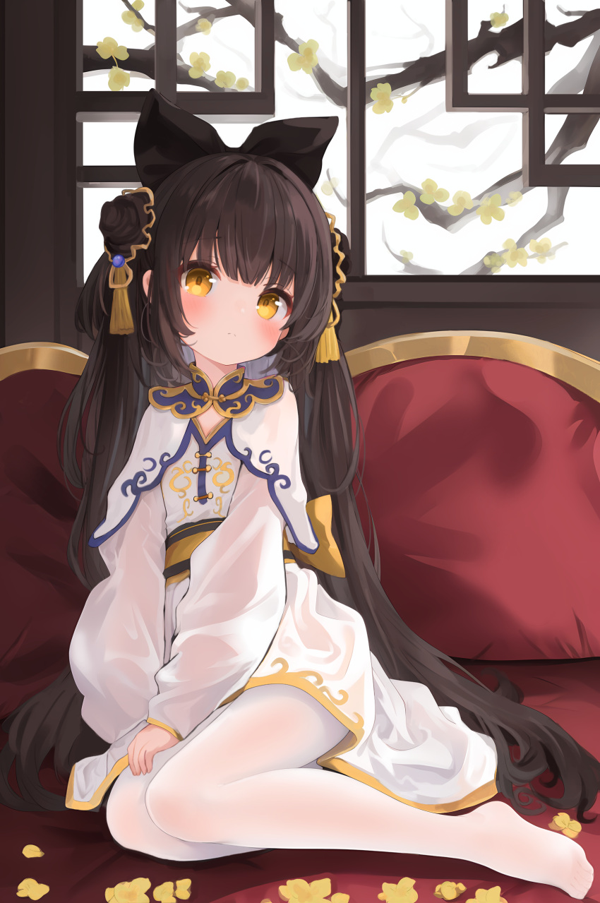 1girl absurdres black_bow black_hair blush bow chinese_clothes chinese_commentary closed_mouth commentary_request couch double_bun dress flat_chest full_body hair_bow hair_bun hair_ornament hanfu highres indoors long_hair long_sleeves looking_at_viewer no_shoes on_couch orange_eyes original pantyhose puffy_long_sleeves puffy_sleeves sitting solo very_long_hair wangyq white_dress white_pantyhose yokozuwari