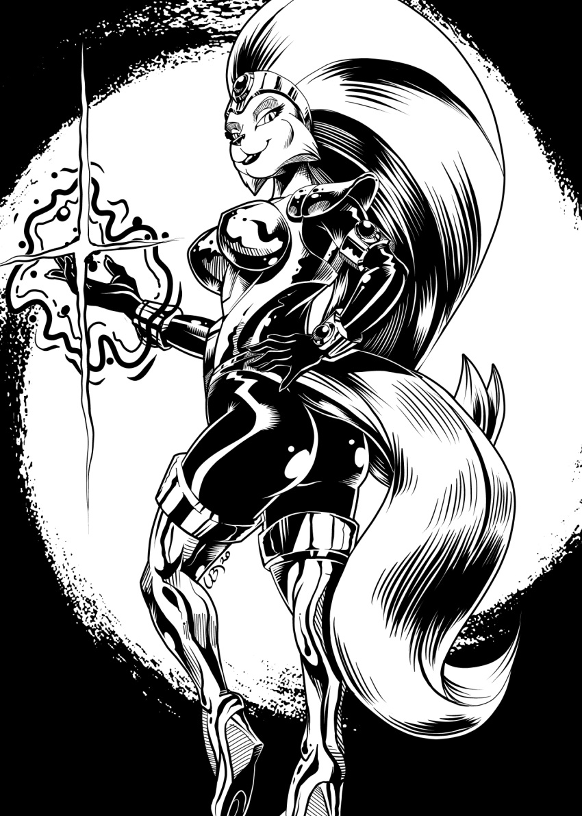 2020 anthro black_and_white breasts bucky_o'hare_(series) clothed clothing domestic_cat eyelashes felid feline felis female gloves hair handwear hi_res jenny_(bucky_o'hare) legwear long_hair looking_at_viewer looking_back looking_back_at_viewer magic mammal monochrome pupils slit_pupils solo tail thigh_highs uba