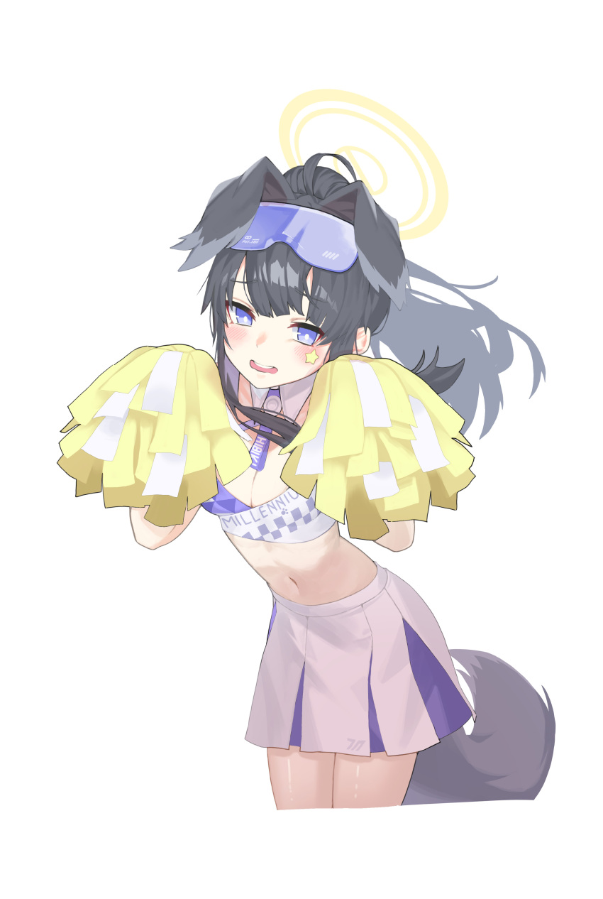 1girl absurdres animal_ears black_hair blue_archive blue_eyes blush breasts bright_pupils cheerleader choker cleavage commentary confetti crop_top cropped_legs detached_collar dog_ears dog_girl dog_tail extra_ears eyewear_on_head halo halter_shirt halterneck hibiki_(blue_archive) hibiki_(cheer_squad)_(blue_archive) highres holding holding_pom_poms kxh5061 long_hair looking_at_viewer medium_breasts midriff navel nervous_smile o-ring o-ring_choker official_alternate_costume pleated_skirt pom_pom_(cheerleading) ponytail simple_background skirt smile solo star_(symbol) sticker_on_face stomach sweat tail white_background white_pupils white_skirt yellow_halo