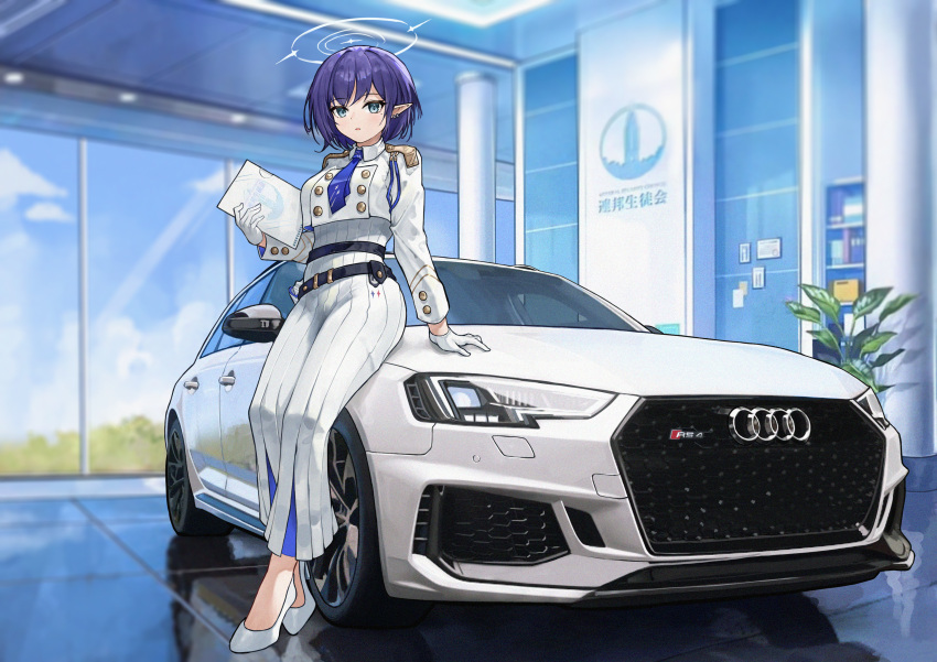 1girl absurdres aoi_(blue_archive) audi audi_rs4 blue_archive blue_necktie blue_sky car cloud commentary_request day dress fr-ee-dom gloves grey_eyes halo high_heels highres holding holding_paper indoors long_sleeves looking_at_viewer mole mole_under_eye motor_vehicle necktie paper pointy_ears purple_hair reflection short_hair sky solo vehicle_focus white_dress white_footwear white_gloves