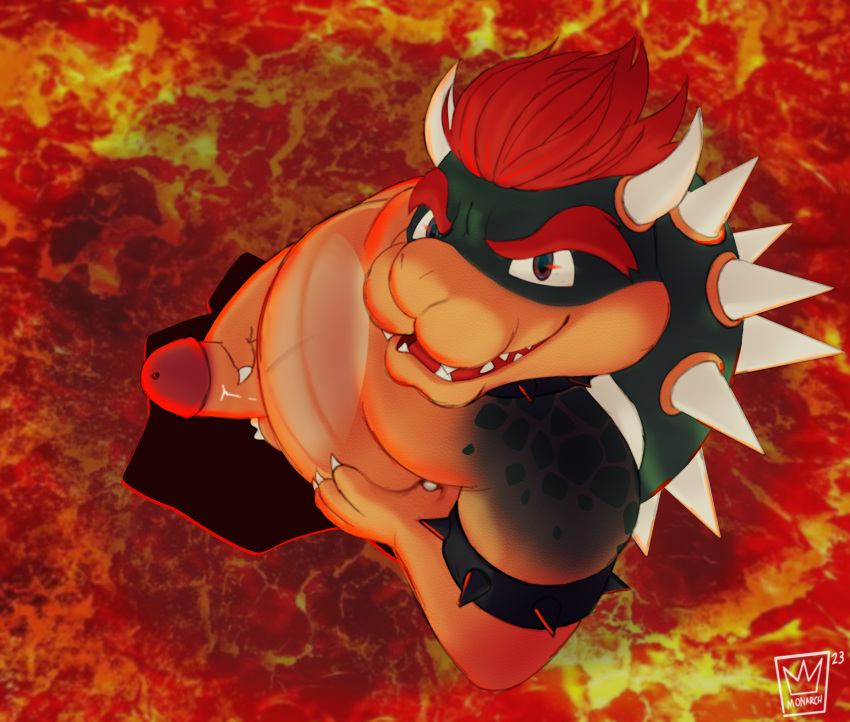 belly big_penis bodily_fluids bowser claws digital_media_(artwork) dragon dramatic_pose erection female genital_fluids genitals hair hi_res horn humanoid humanoid_genitalia humanoid_penis koopa lava light lighting looking_at_viewer male male/female male/male mammal mario_bros monarch_com nintendo nipples nude open_mouth overweight overweight_male penis precum red_hair reptile scalie sex slightly_chubby smile solo spikes teeth turtle wet