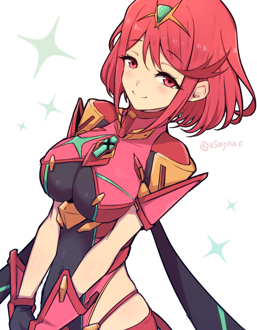 1girl breasts closed_mouth highres large_breasts looking_at_viewer mochimochi_(xseynao) red_eyes red_hair short_hair smile solo white_background xenoblade_chronicles_(series) xenoblade_chronicles_2