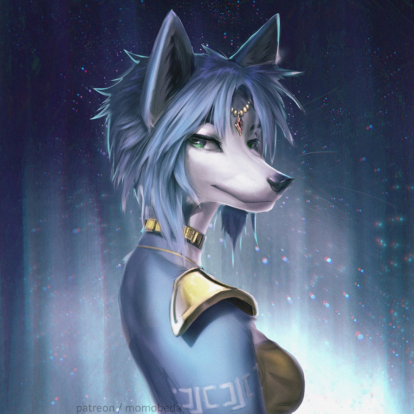 anthro armor blue_body blue_eyes blue_fur blue_hair body canid canine choker clothed clothing female fluffy_ears fox fur fur_markings furry_ears gold_(metal) gold_jewelry hair head_jewel head_jewelry hi_res jewelry krystal looking_at_viewer mammal markings momobeda mouth_closed necklace nintendo short_hair smile smiling_at_viewer solo solo_focus star_fox tribal tribal_markings