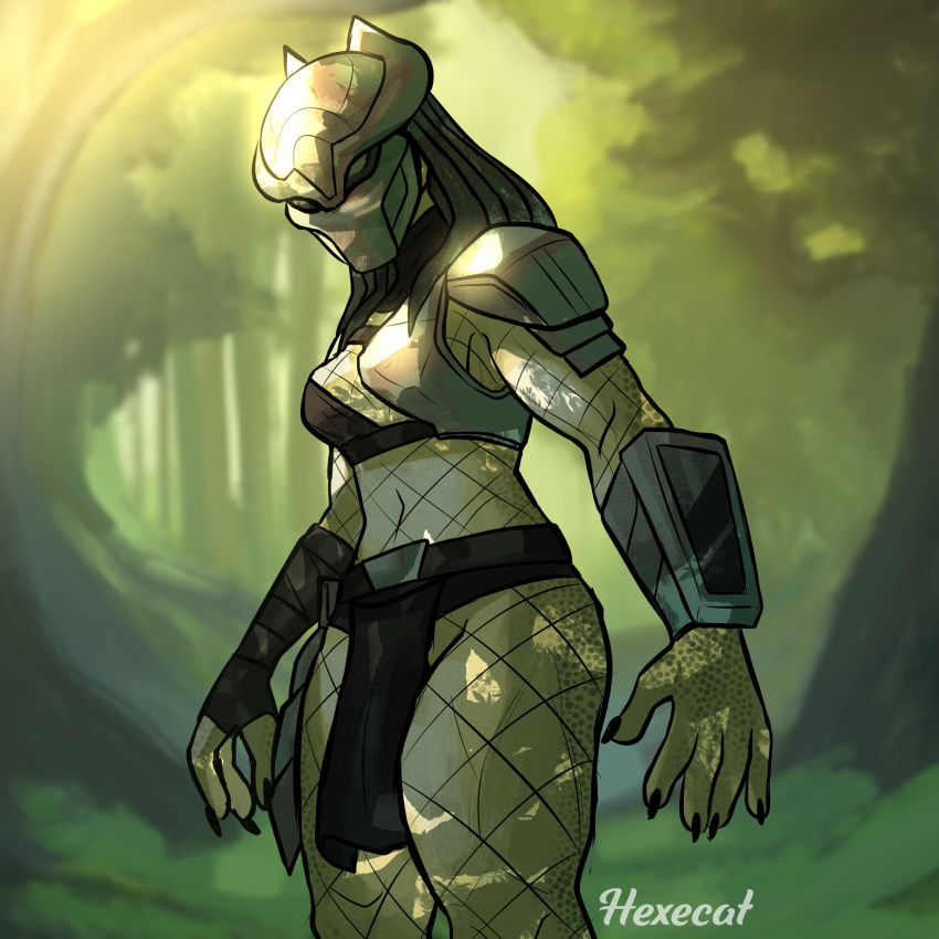 absurd_res alien anthro armor female headgear helmet hexecat hi_res nails navel predator/prey predator_(franchise) scalie solo tribal tribal_clothing yautja