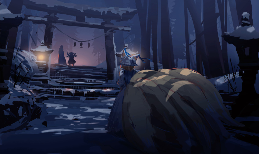 1girl 2others absurdres animal_hat bare_tree blonde_hair blue_tabard dress fox_tail from_behind haruaki_(onkai_planaria) hat highres kitsune kyuubi large_tail long_dress mob_cap multiple_others multiple_tails night outdoors short_hair snow stairs stone_lantern tabard tail torii touhou tree walking white_dress white_headwear yakumo_ran