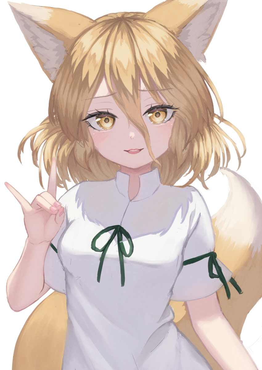 1girl absurdres animal_ear_fluff animal_ears blonde_hair breasts commentary_request fox_ears fox_shadow_puppet fox_tail green_ribbon hair_between_eyes hand_up highres kudamaki_tsukasa light_blush light_smile looking_at_viewer medium_hair parted_lips raised_eyebrows ribbon short_sleeves simple_background small_breasts solo tail teeth touhou upper_body upper_teeth_only white_background white_romper yellow_eyes yuha_(kanayuzu611)