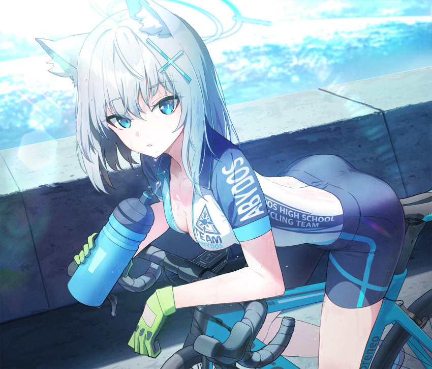 1girl animal_ear_fluff animal_ears bicycle bike_jersey bike_shorts blue_archive blue_eyes blush bottle breasts cross_hair_ornament cycling_uniform extra_ears gloves green_gloves grey_hair ground_vehicle hair_ornament halo highres looking_at_viewer medium_breasts medium_hair mismatched_pupils ocean official_alternate_costume parted_lips riding riding_bicycle road_bicycle shiroko_(blue_archive) shiroko_(cycling)_(blue_archive) short_sleeves shorts solo sweat vikpie water_bottle wolf_ears