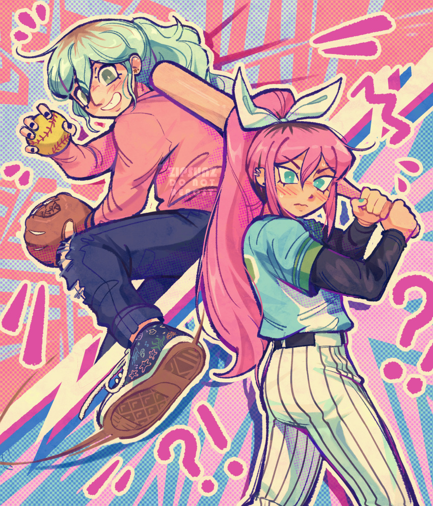 !? 2girls absurdres artist_name aubrey_(omori) ball baseball baseball_bat baseball_mitt black_footwear black_hair black_nails blue_eyes blue_hair blue_nails blush brown_hair cris_(omori) denim earrings grin hair_ribbon highres holding holding_ball holding_baseball_bat jeans jewelry long_hair long_sleeves looking_at_viewer multicolored_hair multiple_girls omori pants parted_lips pink_hair ponytail ribbon shoes smile sneakers stud_earrings teeth torn_clothes torn_jeans torn_pants white_ribbon zipsunz