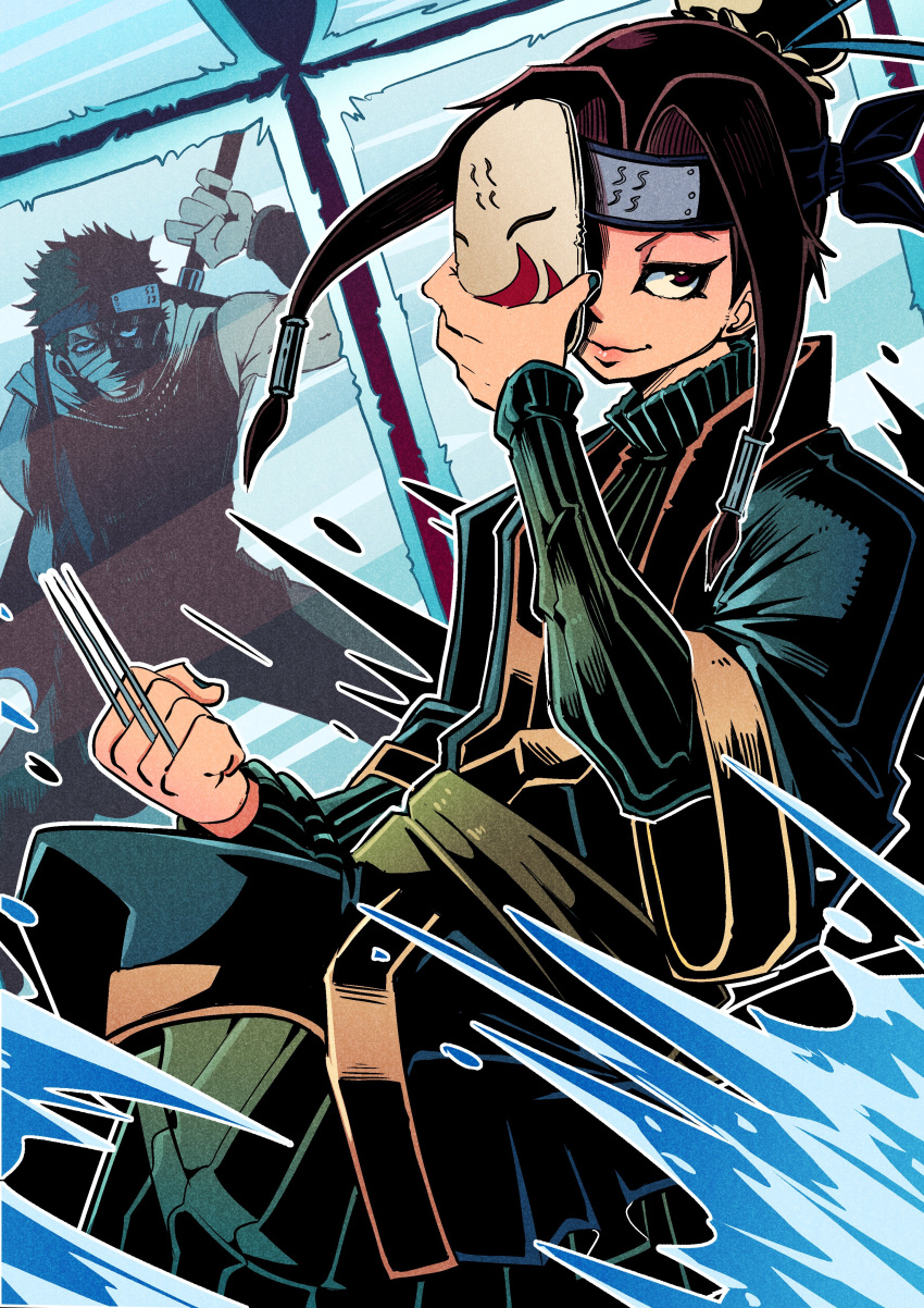 2boys absurdres androgynous black_hair brown_eyes brown_hair forehead_protector green_nails hair_bun haku_(naruto) headband highres holding holding_mask kirigakure_symbol layered_sleeves long_hair long_sleeves looking_at_viewer male_focus mask momochi_zabuza mouth_mask multiple_boys naruto naruto_(series) needle ninja ninja_mask otoko_no_ko over_shoulder short_hair smile sword sword_over_shoulder vakodraws weapon weapon_over_shoulder