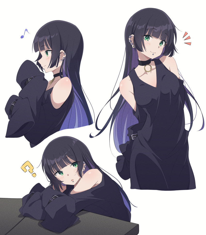1girl ? absurdres arm_rest black_choker black_dress black_hair blunt_bangs bocchi_the_rock! chin_piercing choker clothing_cutout colored_inner_hair dress ear_piercing earclip eito12 from_side gothic green_eyes hand_on_table highres hime_cut long_dress long_hair long_sleeves looking_at_viewer multicolored_hair multiple_views musical_note notice_lines pa-san piercing purple_hair shoulder_cutout simple_background sleeves_past_fingers sleeves_past_wrists smile two-tone white_background