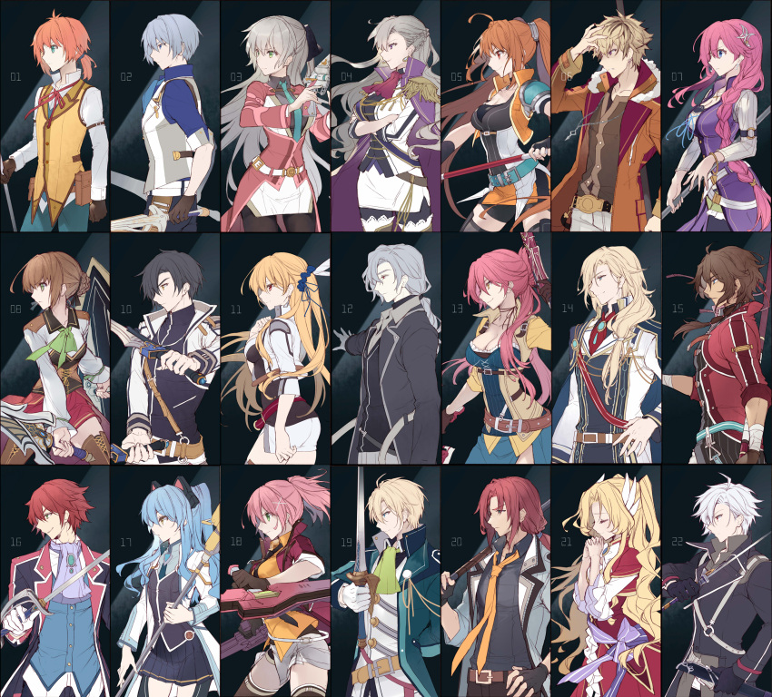 6+boys 6+girls absurdres achan_(blue_semi) ahoge alfin_reise_arnor alisa_reinford ash_carbide aurelia_le_guin belt_pouch black_background black_eyes black_gloves bow braid brown_hair coat crown_braid dress dual_wielding duvalie eiyuu_densetsu elie_macdowell elliot_craig emma_millstein estelle_bright franz_reinford french_braid gaius_worzel gloves grey_hair gun hair_bow hair_ornament hairpin highres holding holding_gun holding_shield holding_staff holding_sword holding_weapon joshua_bright juna_crawford jusis_albarea kurt_vander lechter_arundel long_hair multiple_boys multiple_girls necktie numbered pouch randolph_orlando rean_schwarzer red_eyes rufus_albarea sara_valestein sen_no_kiseki sen_no_kiseki_iv shield short_hair smile staff sword tio_plato two-tone_background weapon white_gloves