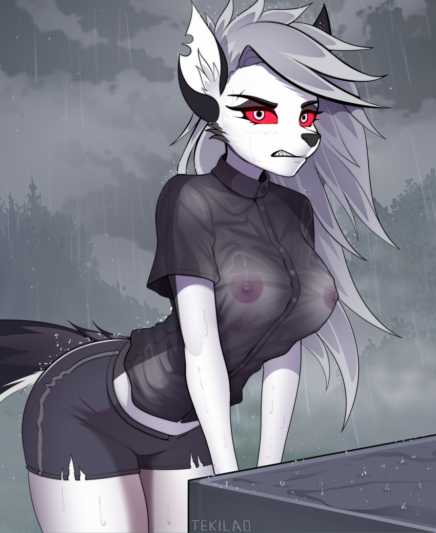 anthro biped black_nose breasts canid canid_demon clothed clothing demon female hellhound helluva_boss hi_res loona_(helluva_boss) mammal nipples notched_ear raining red_sclera shirt solo tekilao topwear wet wet_clothing wet_shirt wet_topwear