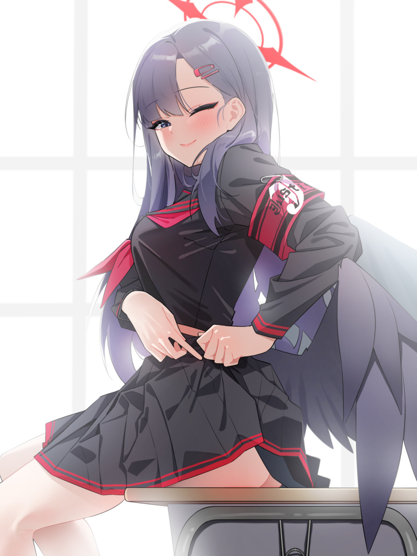 1girl ;) absurdres adjusting_skirt agnamore armband ass asymmetrical_bangs bare_legs black_hair black_serafuku black_wings blue_archive blunt_bangs blush breasts commentary cropped_shirt desk feathered_wings feet_out_of_frame from_side halo highres ichika_(blue_archive) indoors long_hair long_sleeves looking_at_viewer looking_to_the_side medium_breasts midriff_peek neckerchief on_desk one_eye_closed pleated_skirt red_armband red_halo red_neckerchief school_desk school_uniform serafuku sitting skirt smile solo very_long_hair wings