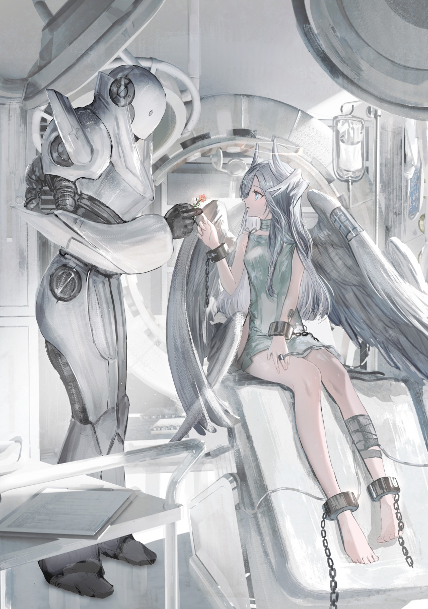 1girl absurdres aqua_eyes barefoot commentary cuffs dress flower gawako grey_hair grey_wings hand_up head_wings highres holding holding_flower indoors intravenous_drip joints long_hair looking_at_another original parted_lips profile robot robot_joints shackles sitting wings
