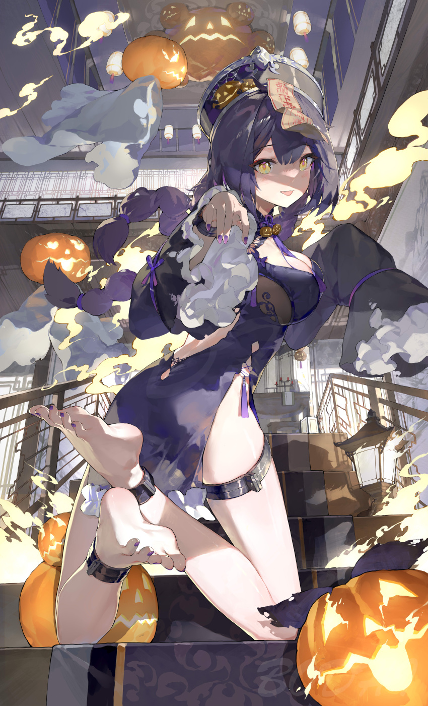 1girl absurdres barefoot bodhi_wushushenghua braid breasts chinese_clothes cleavage halloween highres jiangshi kneeling large_breasts long_sleeves looking_at_viewer looking_back low_twin_braids nail_polish ofuda original pumpkin purple_nails sleeves_past_fingers sleeves_past_wrists soles solo thigh_strap toes twin_braids yellow_eyes