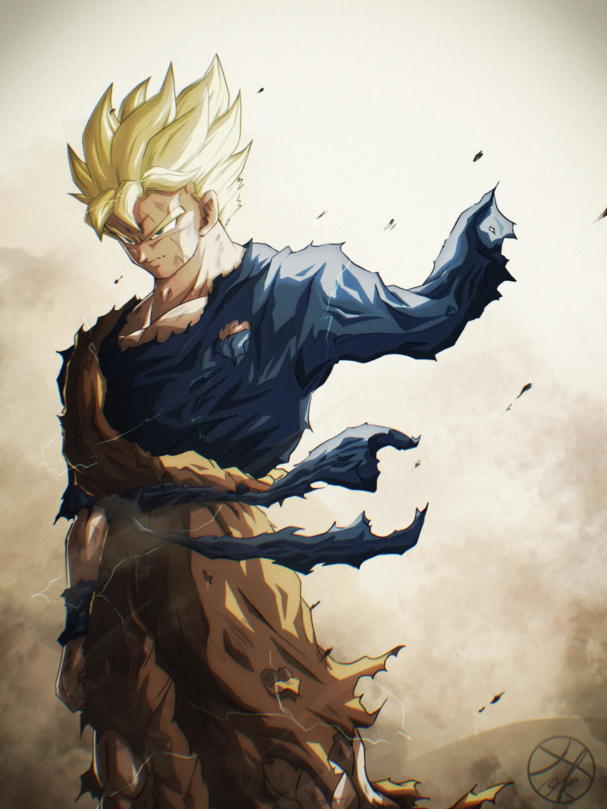 1boy absurdres arm_at_side blonde_hair blue_sash blue_shirt blue_wristband closed_mouth commentary_request cowboy_shot dougi dragon_ball dragon_ball_z electricity energy frown green_eyes highres male_focus missing_limb muscular muscular_male orange_pants pants pectorals sash scratches serious shirt short_hair short_sleeves signature smoke solo son_gohan son_gohan_(future) spiked_hair standing super_saiyan super_saiyan_1 torn_clothes torn_pants torn_shirt toshi-chan v-shaped_eyebrows wristband