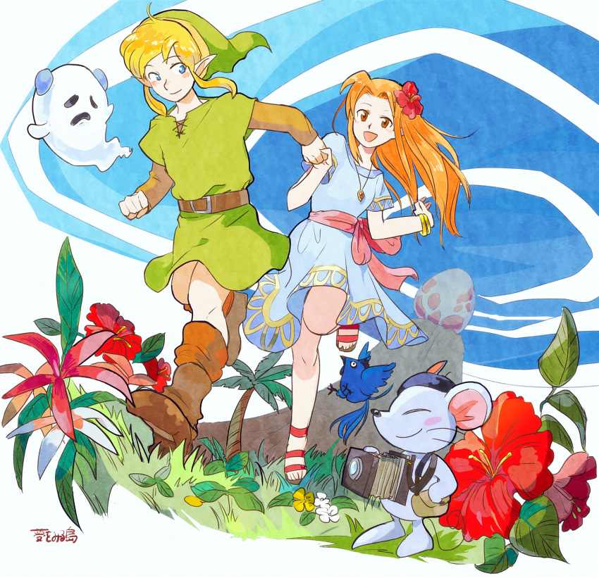 1boy 1girl belt blonde_hair blue_dress blue_eyes boots brown_belt brown_eyes brown_footwear dress egg flower ghost ghost_by_the_bay_(link's_awakening) gold_bracelet green_tunic hibiscus highres holding_hands link long_hair mari-mason marin_(the_legend_of_zelda) mountain mouse open_mouth orange_hair palm_tree photographer_(link's_awakening) pointy_ears red_flower sandals short_sleeves sidelocks the_legend_of_zelda the_legend_of_zelda:_link's_awakening tree