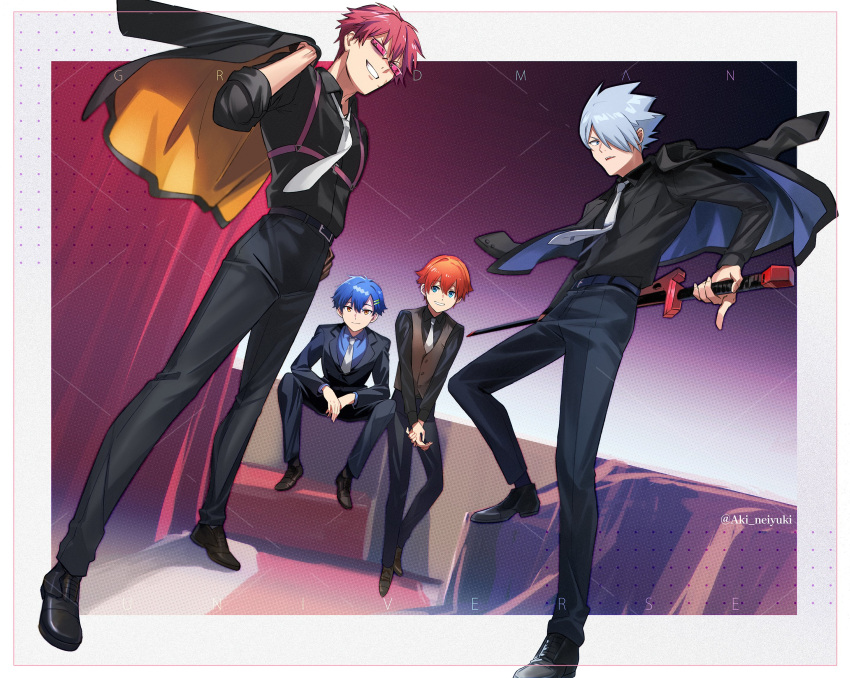 4boys aki_(neyuki41028) anti_(ssss.gridman) asanaka_yomogi black_shirt black_suit blue_eyes blue_hair business_suit formal gauma grey_hair gridman_universe gridman_universe_(film) hair_ornament hairclip hibiki_yuuta highres holding holding_sword holding_weapon jacket male_focus multiple_boys necktie official_alternate_costume red_eyes red_hair scar scar_on_face shirt short_hair sitting smile suit suit_jacket sunglasses sword weapon white_necktie