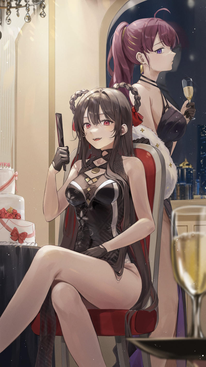 2girls absurdres ahoge bare_arms bare_legs bare_shoulders black_dress black_gloves black_hair blurry braid breasts cake champagne_flute cocktail_dress crossed_legs cup depth_of_field dolla_(dark_rose)_(nikke) dolla_(nikke) dress drinking_glass earrings ekina_(1217) folding_fan food gloves goddess_of_victory:_nikke hair_rings hand_fan highres holding jewelry long_hair looking_at_viewer medium_breasts multiple_girls official_alternate_costume open_mouth pelvic_curtain ponytail purple_eyes purple_hair red_eyes sitting sleeveless sleeveless_dress smile standing thighs twin_braids yan_(nikke)