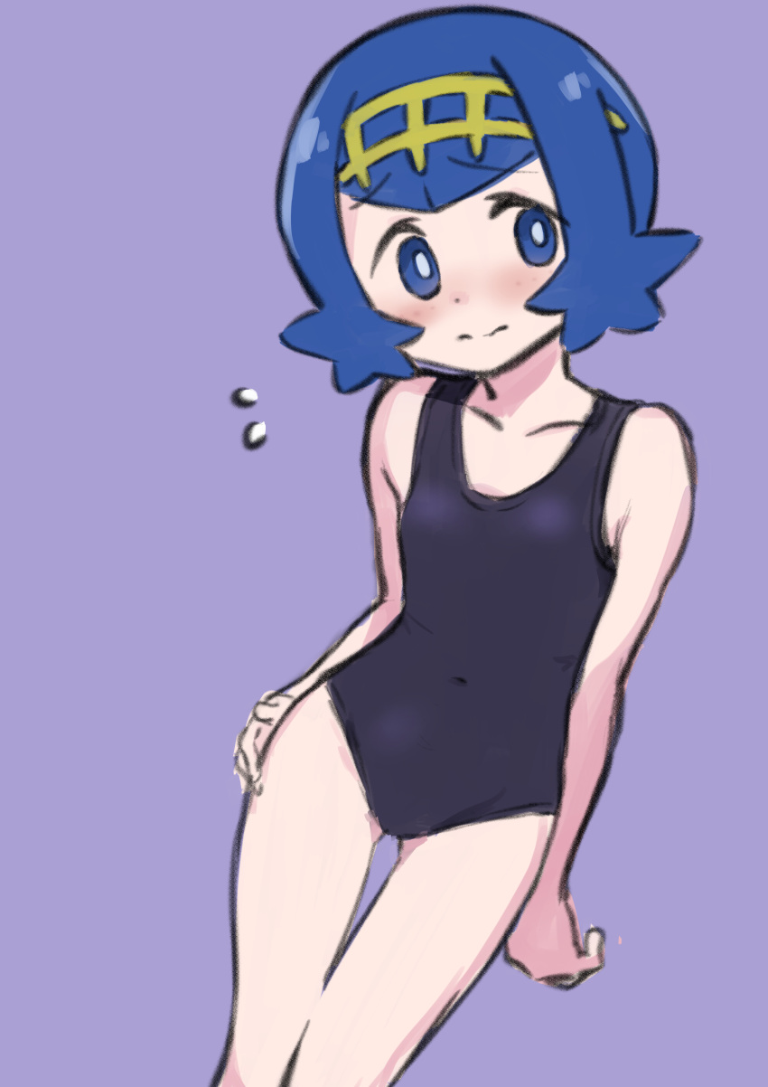 1girl absurdres bare_arms black_one-piece_swimsuit blue_eyes blue_hair blush bright_pupils closed_mouth collarbone covered_navel flying_sweatdrops hairband hand_on_own_hip head_tilt highres lana_(pokemon) looking_to_the_side nervous no_sclera one-piece_swimsuit pokemon pokemon_(game) pokemon_sm purple_background raised_eyebrows short_hair simple_background solo split_mouth swimsuit tankobukids yellow_hairband