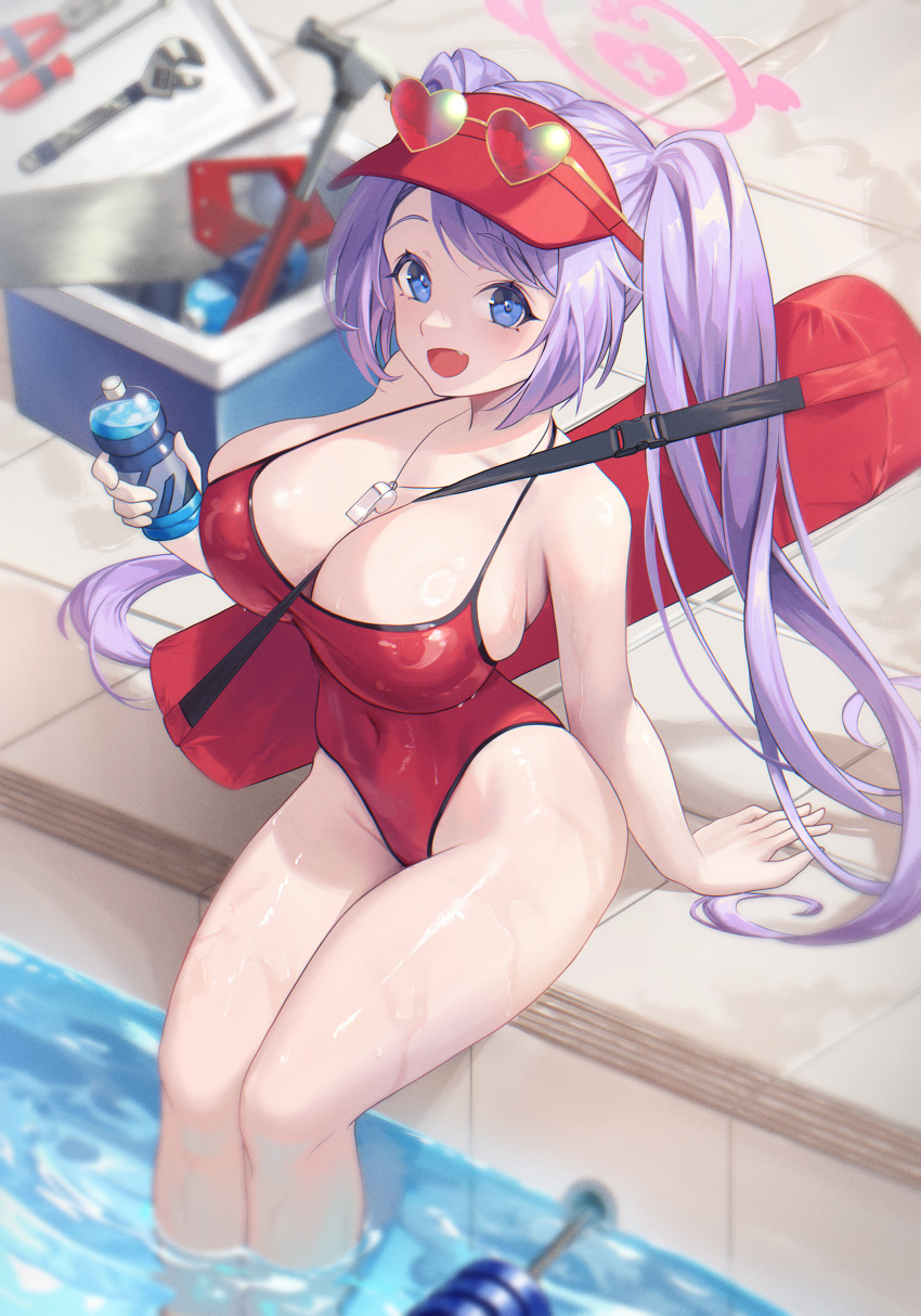 1girl :d absurdres bare_shoulders blue_archive blue_eyes blush bottle breasts cleavage collarbone commentary_request cooler covered_navel day elanphant eyewear_on_head hair_between_eyes hair_ornament hammer hanae_(blue_archive) highres holding holding_bottle large_breasts lifeguard long_hair looking_at_viewer one-piece_swimsuit open_mouth outdoors pool poolside purple_hair red_one-piece_swimsuit saw sitting smile soaking_feet solo sunglasses swimsuit thighs twintails very_long_hair visor_cap water wet whistle whistle_around_neck