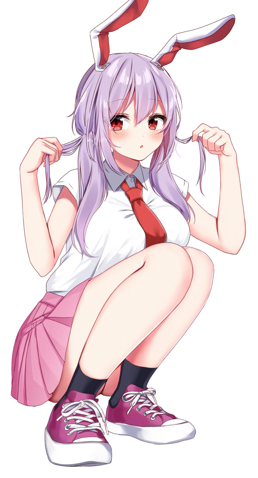 1girl :o alternate_hairstyle animal_ears black_socks blush breasts full_body highres holding holding_hair large_breasts looking_at_viewer miniskirt necktie pink_skirt pleated_skirt purple_hair rabbit_ears red_eyes red_necktie reisen_udongein_inaba shinonome_asu shirt shoes short_sleeves sideways_glance simple_background skirt sneakers socks solo squatting touhou twintails twitter_username white_background white_shirt