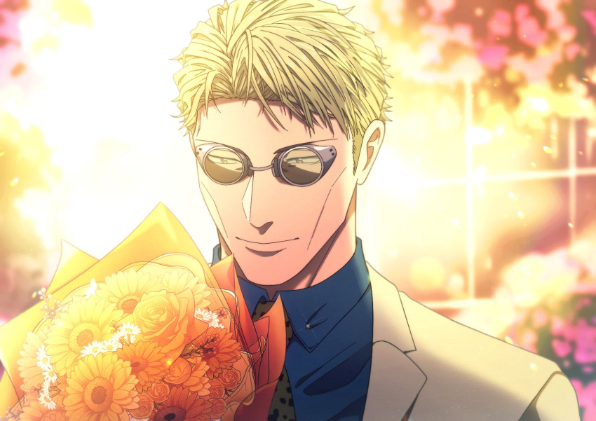 1boy aozora1227 blonde_hair blue_shirt bouquet closed_mouth collared_shirt flower goggles highres jacket jujutsu_kaisen male_focus nanami_kento necktie round_eyewear shirt short_hair smile solo upper_body yellow_background yellow_jacket yellow_necktie