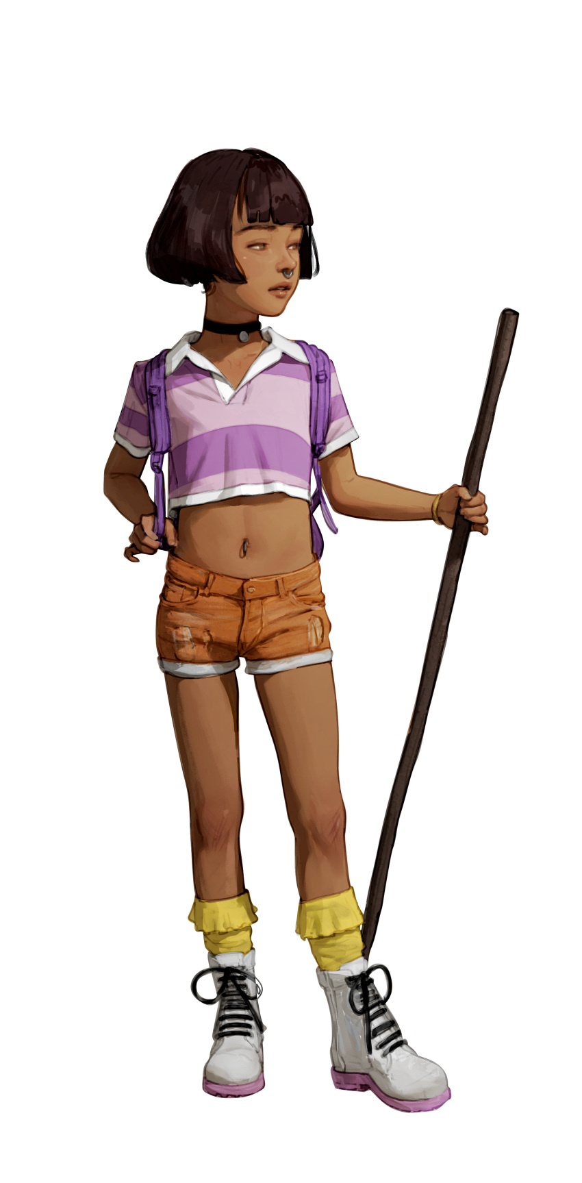 absurdres black_choker bob_cut bracelet brown_eyes brown_hair cane choker crop_top dark-skinned_female dark_skin diathorn dora_marquez dora_the_explorer full_body highres holding holding_cane jewelry navel nose_piercing nose_ring orange_shorts piercing purple_shirt shirt short_hair short_shorts shorts simple_background socks standing white_background white_footwear yellow_socks