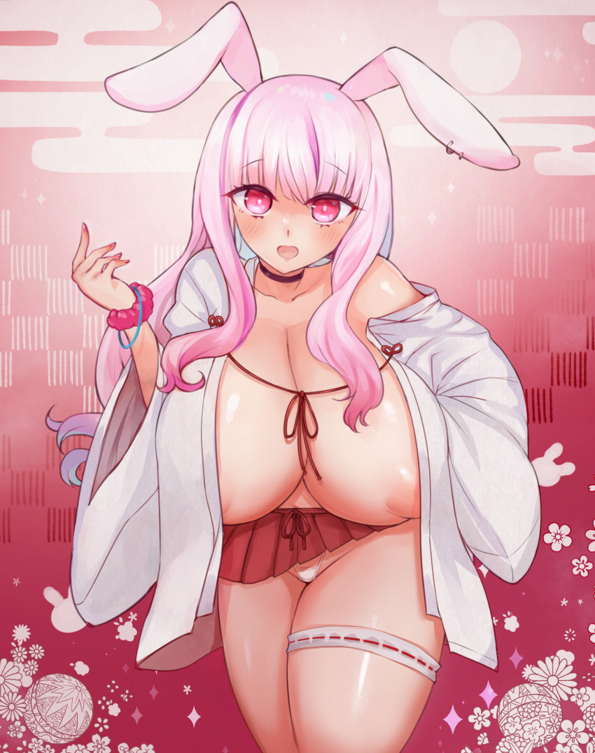 2023 accessory animal_humanoid areola asian_clothing big_breasts breasts clothed clothing east_asian_clothing female garter hair hi_res huge_breasts humanoid japanese_clothing lagomorph lagomorph_humanoid leporid_humanoid mammal mammal_humanoid miko_outfit panties partially_clothed pink_hair rabbit_humanoid solo soruton underwear