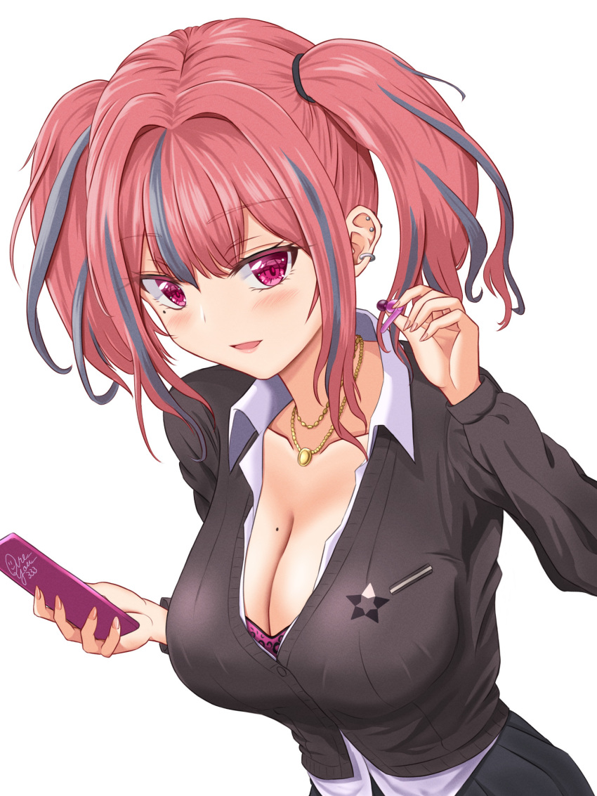 1girl :d are_you_333 azur_lane black_cardigan black_skirt blush bra bra_peek breasts bremerton_(azur_lane) cardigan cellphone cleavage collarbone collared_shirt commentary_request cowboy_shot ear_piercing fingernails grey_hair hair_between_eyes hair_intakes hand_up highres holding holding_phone jewelry large_breasts long_fingernails long_hair looking_at_viewer mole mole_on_breast mole_under_eye multicolored_hair necklace official_alternate_costume open_mouth partial_commentary phone piercing pink_bra pink_eyes pink_hair school_uniform shirt sidelocks signature simple_background skirt smartphone smile solo standing streaked_hair twintails two-tone_hair underwear uniform white_background white_shirt wireless_earphones