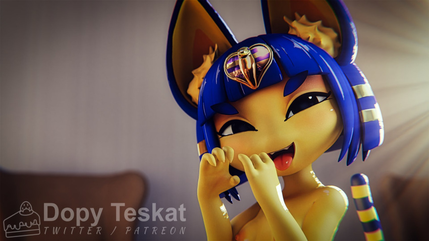 3d_(artwork) animal_crossing ankha_(animal_crossing) anthro bedroom_eyes big_ears blue_hair breasts daz_studio digital_media_(artwork) domestic_cat felid feline felis female hair hi_res looking_at_viewer mammal narrowed_eyes nintendo obscene_gesture sashacakes seductive small_breasts smile smiling_at_viewer solo tongue tongue_out yellow_body