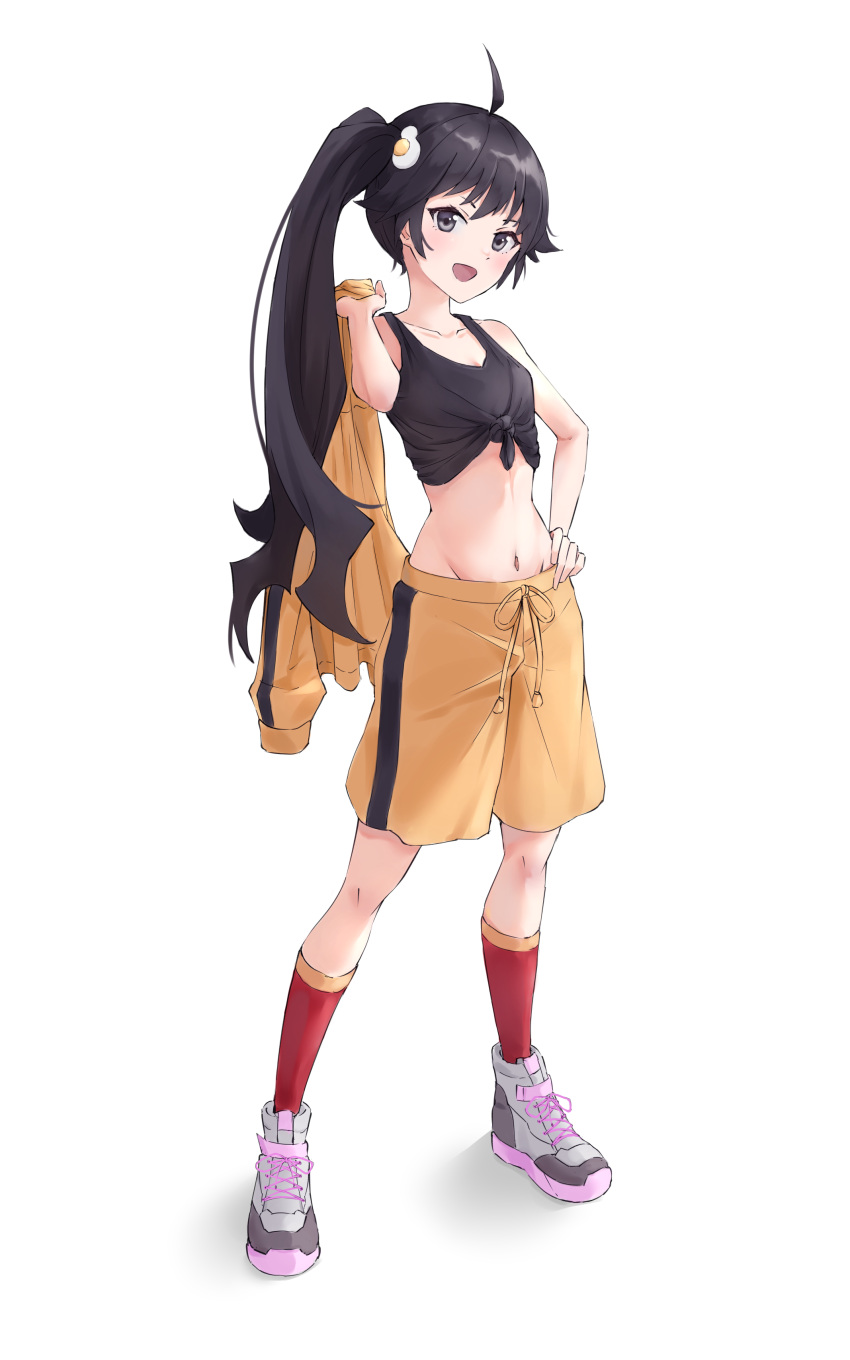 1girl :d absurdres ahoge araragi_karen bare_arms black_eyes black_hair black_shirt breasts collarbone egg_hair_ornament food-themed_hair_ornament full_body groin hair_ornament hand_on_own_hip highres holding holding_clothes holding_jacket jacket jacket_removed kinrucy long_hair midriff monogatari_(series) navel nisemonogatari open_mouth red_socks shirt shoes shorts side_ponytail simple_background sleeveless sleeveless_shirt small_breasts smile sneakers socks solo standing stomach tied_shirt very_long_hair white_background white_shorts yellow_jacket