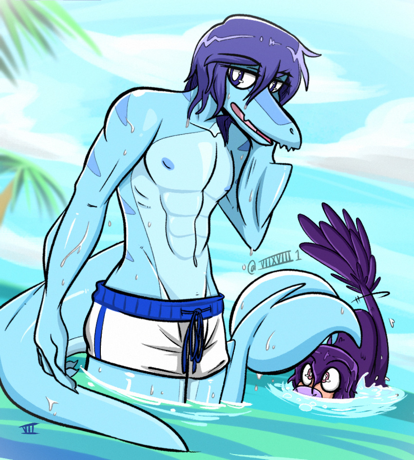 2023 abs anthro artist_name athletic athletic_anthro athletic_male beach blue_body blue_eyes blue_hair blue_scales blue_stripes clothed clothing detailed_background digital_drawing_(artwork) digital_media_(artwork) dinosaur dromaeosaurid duo fin goodbye_volcano_high hair hand_behind_head hi_res leo_(gvh) liopleurodon long_tail looking_at_viewer male marine microraptor multicolored_body multicolored_scales navel nipples open_mouth outside palm_tree pecs pink_eyes plant plesiosaur pliosaur purple_body purple_hair purple_scales reptile sage_(gvh) scales scalie sea seaside seven_(artist) short_hair snoot_game_(fan_game) snout striped_body striped_scales stripes swimming_trunks swimwear tail tan_body tan_scales theropod topless topless_anthro topless_male tree two_tone_body two_tone_scales v-cut velociraptor water watermark wet