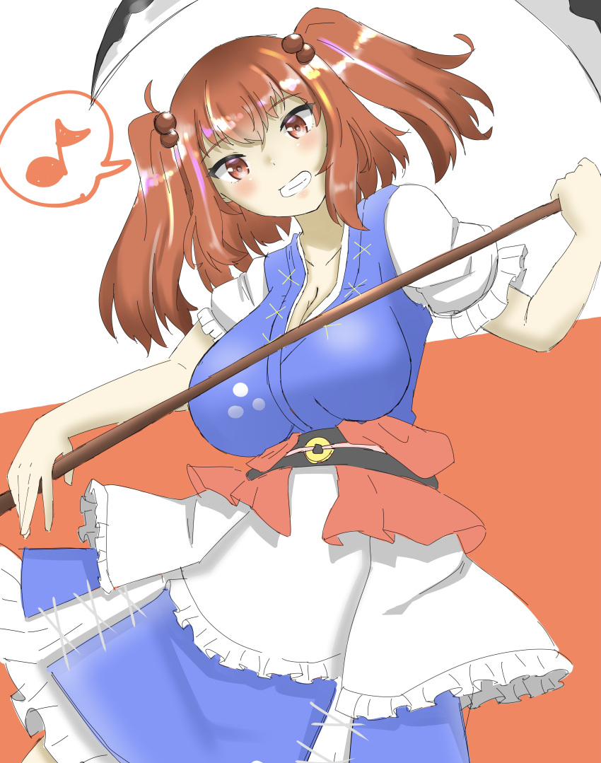 1girl absurdres black_sash blue_dress braid breasts clenched_teeth coin coin_on_string dress hair_bobbles hair_ornament highres holding holding_scythe holed_coin japanese_clothes large_breasts looking_at_viewer medium_hair musical_note obi one-hour_drawing_challenge onozuka_komachi orange_background puffy_short_sleeves puffy_sleeves red_eyes red_hair sash scythe shirokumall short_sleeves smile solo speech_bubble teeth touhou twin_braids white_background