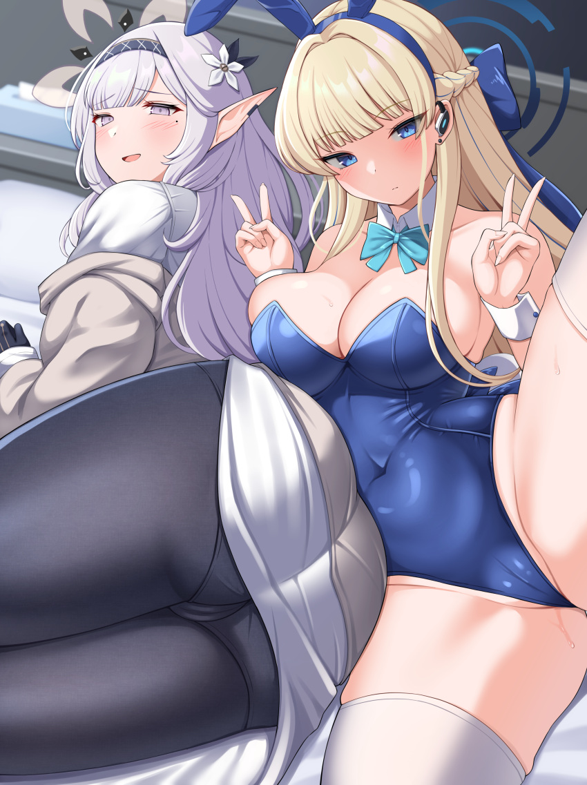 2girls absurdres animal_ears black_gloves blonde_hair blue_archive blue_eyes blue_leotard blush bow bowtie breasts cameltoe detached_collar double_v fake_animal_ears flower gloves grey_hair hair_flower hair_ornament hair_tubes hairband halo highres himari_(blue_archive) jacket large_breasts leotard long_hair long_sleeves looking_at_viewer mole mole_under_eye multiple_girls nekojima official_alternate_costume partially_visible_vulva playboy_bunny pointy_ears purple_eyes pussy_juice rabbit_ears strapless strapless_leotard thighhighs toki_(blue_archive) toki_(bunny)_(blue_archive) v very_long_hair white_hair white_jacket white_thighhighs wrist_cuffs