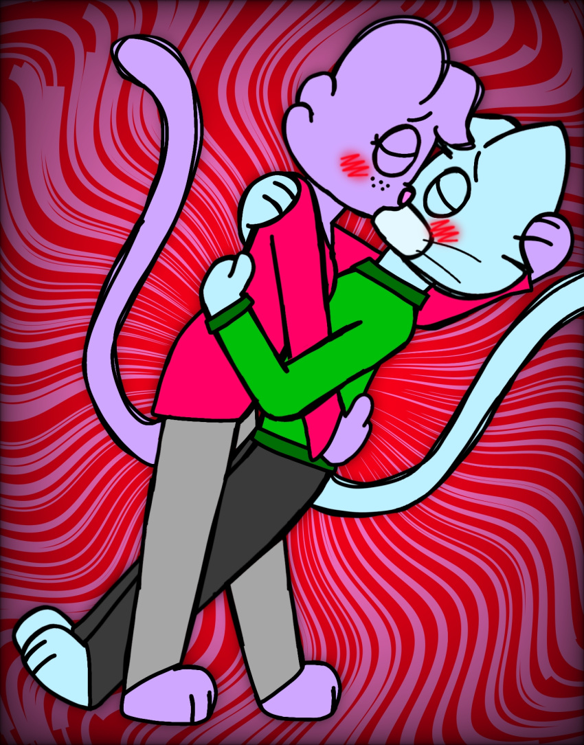 2023 anthro blush clothed clothing digital_drawing_(artwork) digital_media_(artwork) domestic_cat duo eggnaug felid feline felis female freckles hair happy hi_res holding_partner kissing lucy_(eggnaug) making_out male male/female mammal marshall_(eggnaug) portrait simple_background tail text url whiskers wholesome