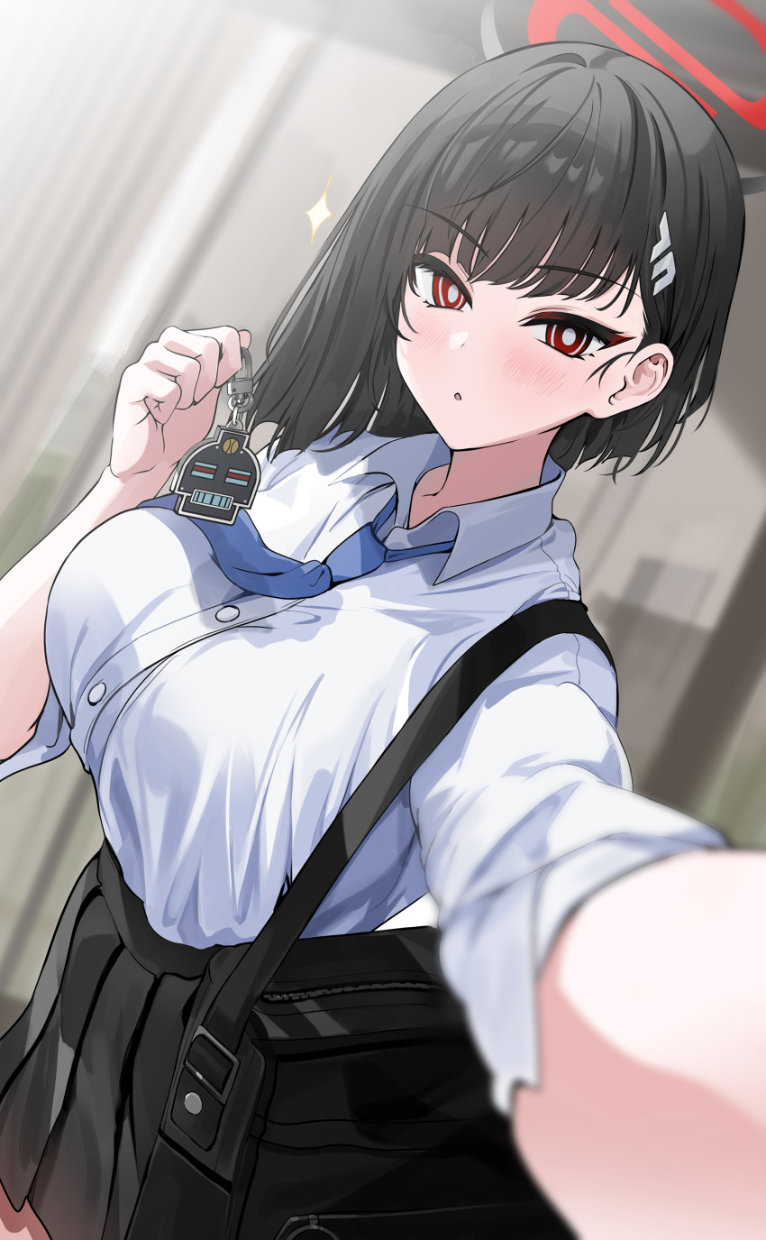 1girl absurdres alternate_hair_length alternate_hairstyle black_hair blue_archive blush breasts hair_ornament hairclip halo highres large_breasts looking_at_viewer outstretched_arm red_eyes rio_(blue_archive) selfie short_hair solo yuki_(asayuki101)