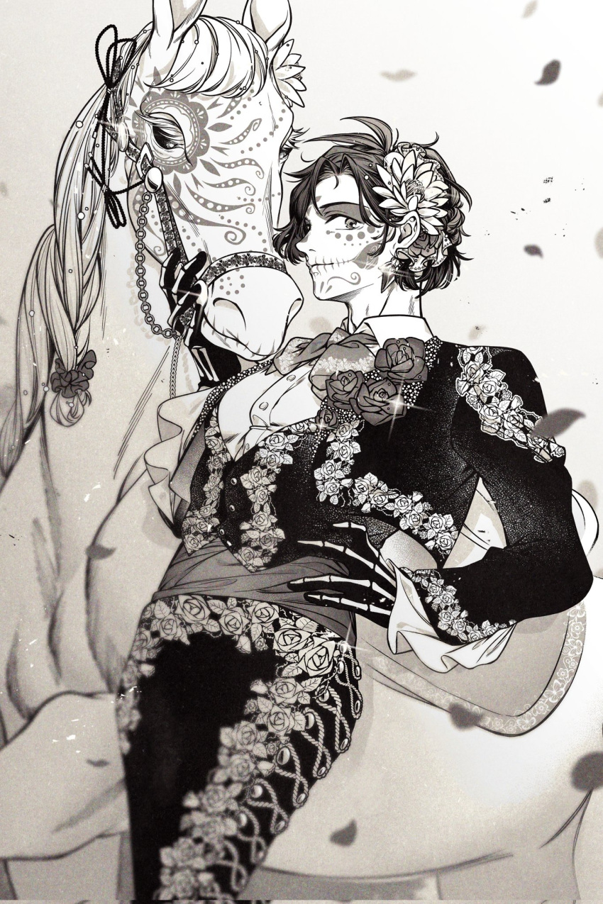 1boy animal ascot black_gloves black_jacket black_pants brown_hair calavera collared_shirt constantine_xi_(fate) cowboy_shot cropped_jacket dia_de_muertos facepaint fate/grand_order fate_(series) floral_print flower from_below gloves hand_on_own_hip highres horse jacket looking_at_viewer mexican_clothes monochrome open_clothes open_jacket pants profile rose saddle shirt shooou_0104 short_hair waistcoat white_horse white_shirt