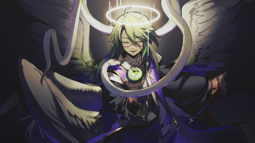 1boy absurdres ahoge alternate_costume angel_wings apple baizhu_(genshin_impact) black_background black_robe cassock changsheng_(genshin_impact) closed_eyes cowboy_shot cross darkcatowo facing_viewer food fruit genshin_impact glasses green_apple green_hair hair_between_eyes hair_down halo highres holding holding_food holding_fruit long_hair long_sleeves male_focus multiple_wings outstretched_arm parted_lips red-framed_eyewear robe shirt smile snake solo stole white_shirt white_snake white_wings wings