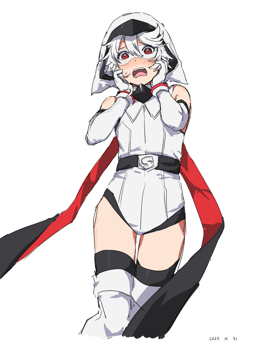 1girl absurdres bare_shoulders belt black_belt black_cape black_thighhighs blush boots cape d: elbow_gloves eye_mask gloves grey_background grey_footwear grey_hood grey_leotard grey_mask hands_up highres hood hood_up hooded_leotard leotard red_cape red_eyes short_hair shy_(character) shy_(series) simple_background takatisakana thighhighs white_hair white_leotard