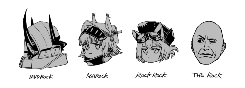 1boy 3girls absurdres animal_ears arknights ashlock_(arknights) bald character_name closed_mouth goggles goggles_on_head greyscale hat head_only highres hood hood_up horns mask monochrome mudrock_(arknights) multiple_girls oripathy_lesion_(arknights) oxy_(ho2) rockrock_(arknights) simple_background the_rock_(dwayne_johnson) uneven_eyes v-shaped_eyebrows visor_(armor) white_background wwe