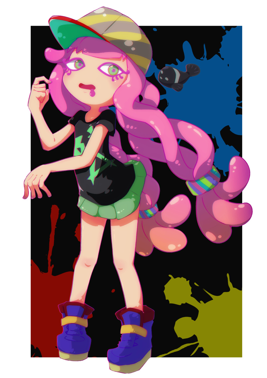 1girl absurdres afuron baseball_cap black_shirt blue_footwear blunt_bangs blush boots border chromatic_aberration commentary drooling fish flat_chest full_body green_eyes green_skirt hair_tie hand_up harmony's_clownfish_(splatoon) harmony_(splatoon) hat highres legs light_blush long_hair looking_at_viewer low-tied_long_hair miniskirt multicolored_background multicolored_clothes multicolored_headwear open_mouth outside_border pink_hair pleated_skirt shirt short_sleeves sidelocks skirt solo_focus splatoon_(series) splatoon_3 splatter_background standing striped striped_headwear tentacle_hair tentacles thighs twintails very_long_hair white_border