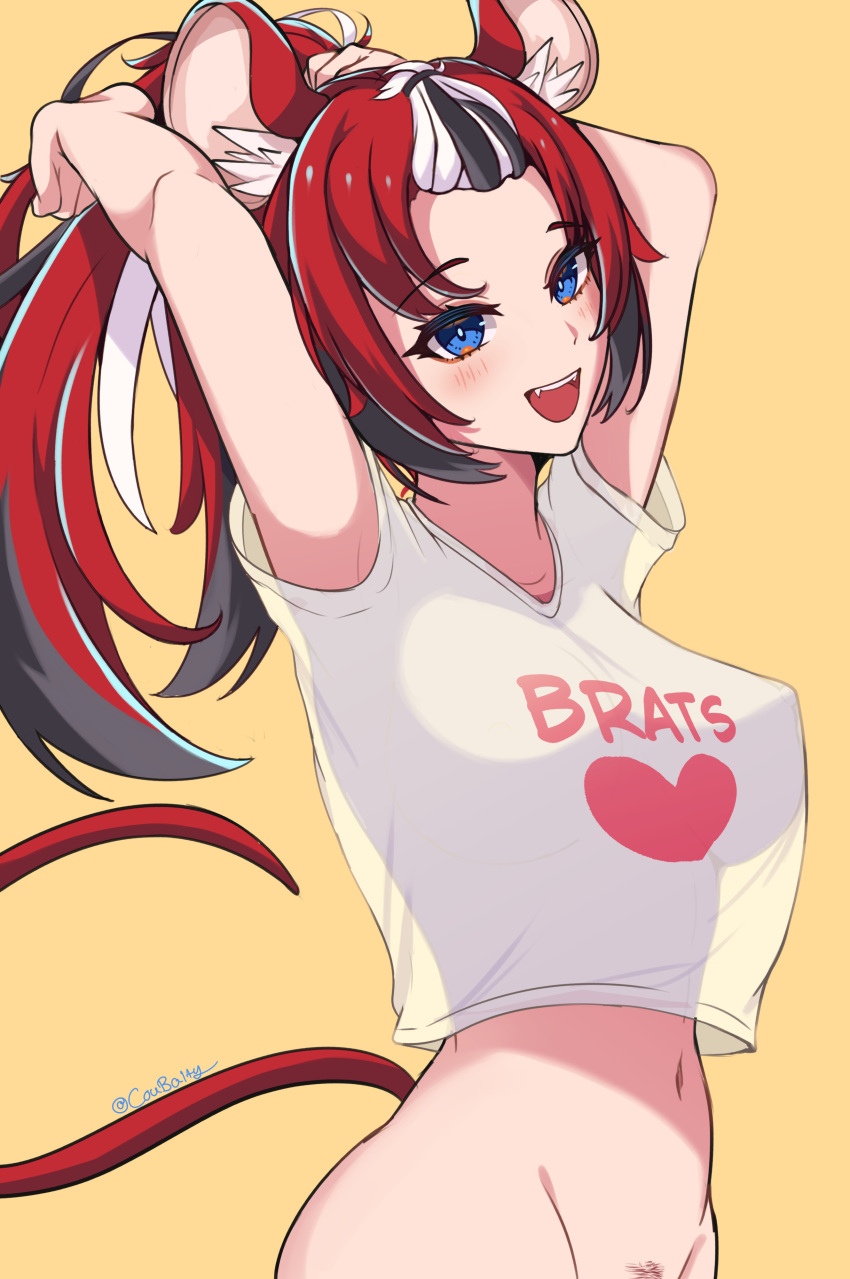 1girl :d absurdres animal_ear_fluff animal_ears arms_up bare_hips black_hair blush bottomless breasts coubalty covered_nipples fangs female_pubic_hair hakos_baelz highres hololive hololive_english large_breasts long_hair looking_at_viewer midriff mouse_ears mouse_girl mouse_tail multicolored_hair navel nipples no_bra open_mouth out-of-frame_censoring ponytail print_shirt pubic_hair red_hair see-through shirt short_sleeves simple_background smile solo streaked_hair t-shirt tail virtual_youtuber white_hair white_shirt yellow_background