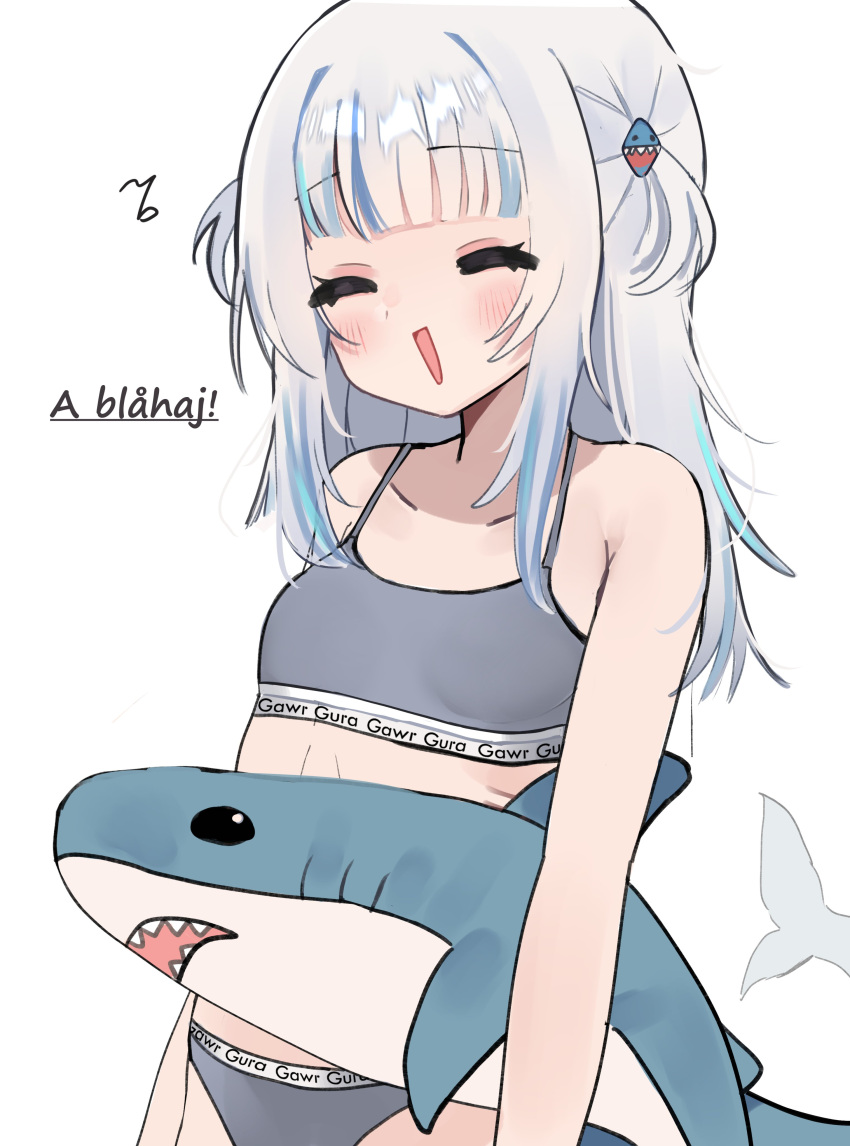 1girl absurdres blue_hair blunt_bangs blush breasts closed_eyes fins fish_tail gawr_gura grey_hair grey_panties grey_sports_bra hair_ornament highres holding holding_stuffed_toy hololive hololive_english ikea_shark long_hair looking_at_viewer meiwowowo multicolored_hair musical_note open_mouth panties shark_girl shark_hair_ornament shark_tail short_sleeves small_breasts smile solo spoken_musical_note sports_bra streaked_hair stuffed_animal stuffed_shark stuffed_toy tail two_side_up underwear underwear_only underwear_writing upper_body virtual_youtuber white_background